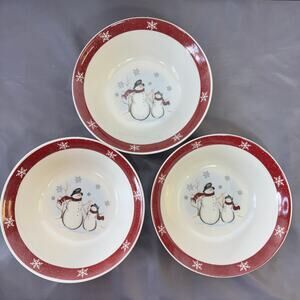 Royal Seasons Snowmen Stoneware Coupe Cereal Bowls Lot of 3 New Red Rim RN1